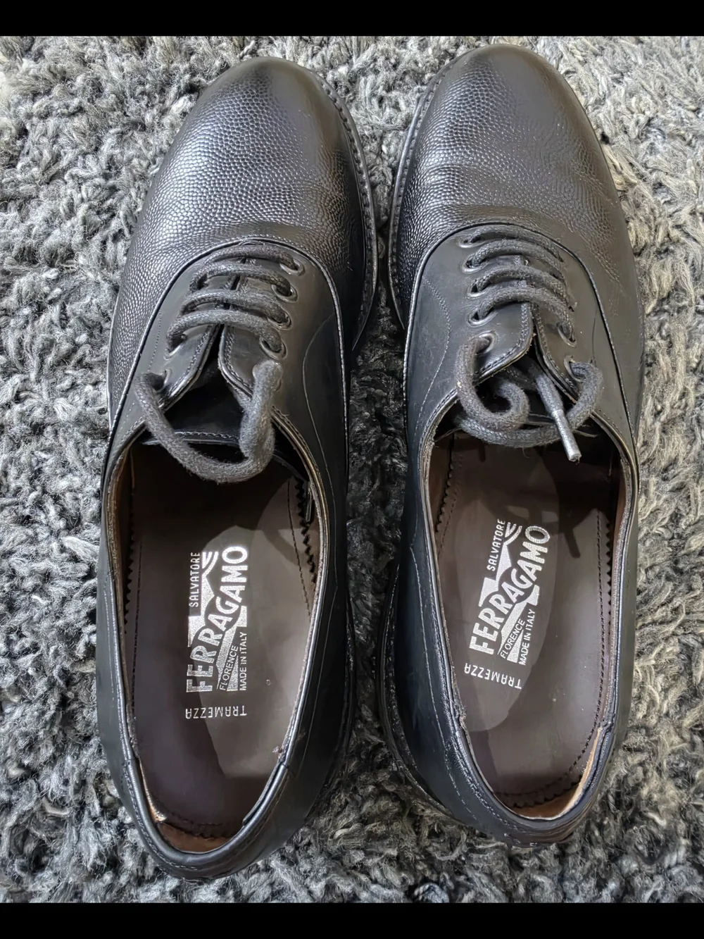 Ferragamo Tramezza Size 9.5M Pebble Leather Plain Toe Oxfords Shoes Black